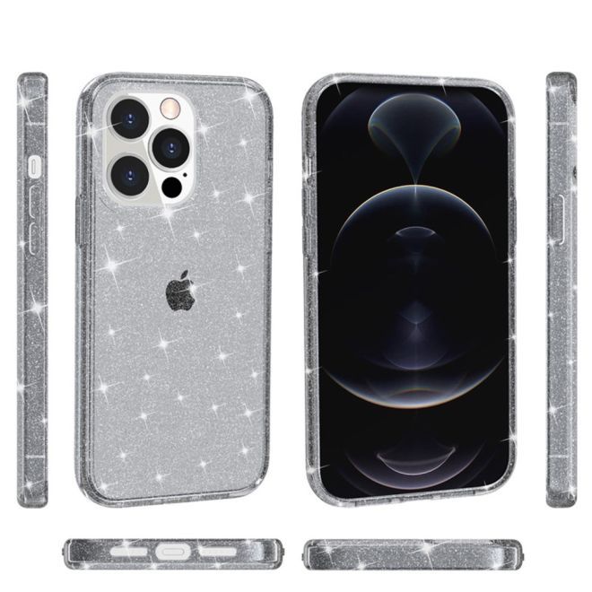 Coque pour iPhone 15 Pro Max - Coque rigide hybride avec bordure en TPU - Série TPU souple à effet pailleté - Gris