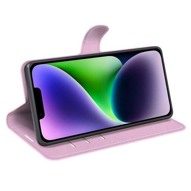 iPhone 15 Handy Hülle - Litchi Leder Bookcover Series - rosa