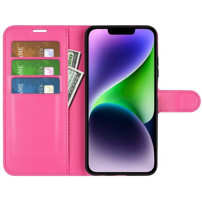 iPhone 15 Handy Hülle - Litchi Leder Bookcover Series - pink