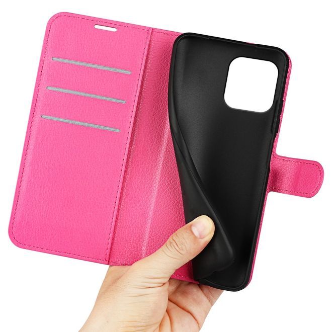 iPhone 15 Handy Hülle - Litchi Leder Bookcover Series - pink
