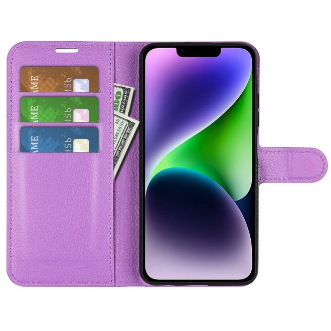 iPhone 15 Handy Hülle - Litchi Leder Bookcover Series - purpur
