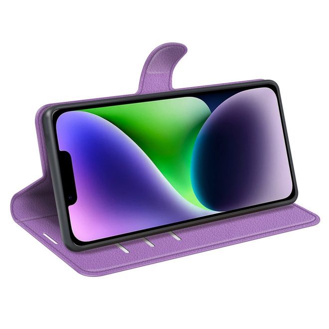 iPhone 15 Handy Hülle - Litchi Leder Bookcover Series - purpur
