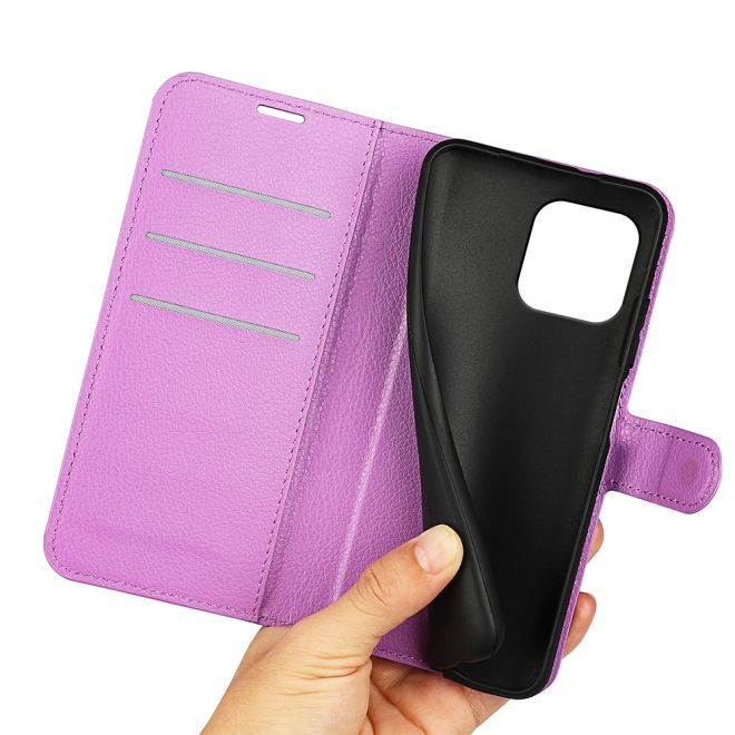 iPhone 15 Handy Hülle - Litchi Leder Bookcover Series - purpur