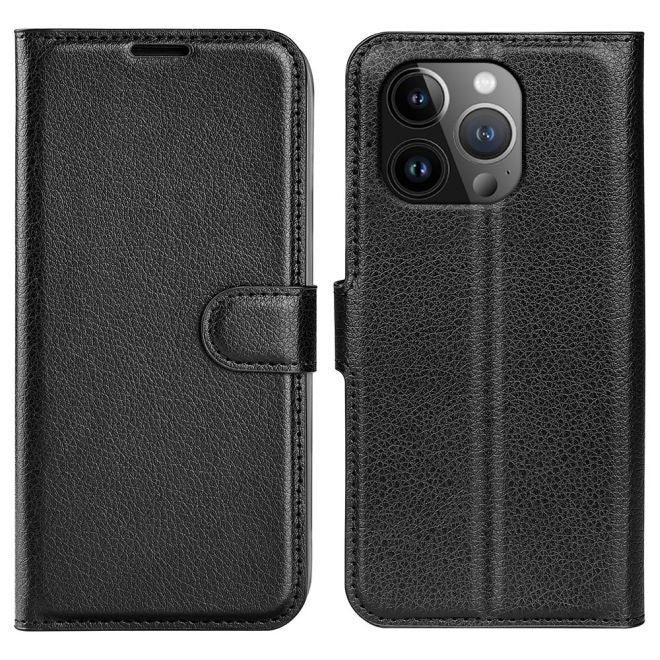 iPhone 15 Pro Max Handy Hülle - Litchi Leder Bookcover Series - schwarz