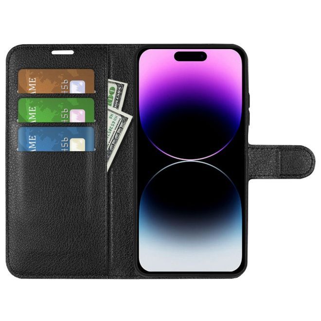 iPhone 15 Pro Max Handy Hülle - Litchi Leder Bookcover Series - schwarz