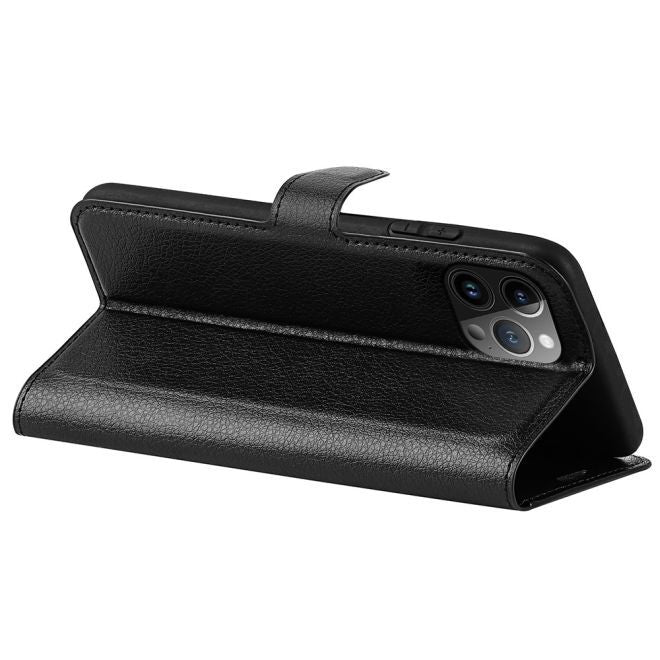 iPhone 15 Pro Max Handy Hülle - Litchi Leder Bookcover Series - schwarz