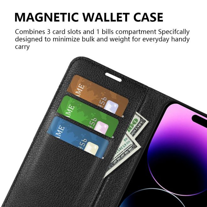iPhone 15 Pro Max Handy Hülle - Litchi Leder Bookcover Series - schwarz