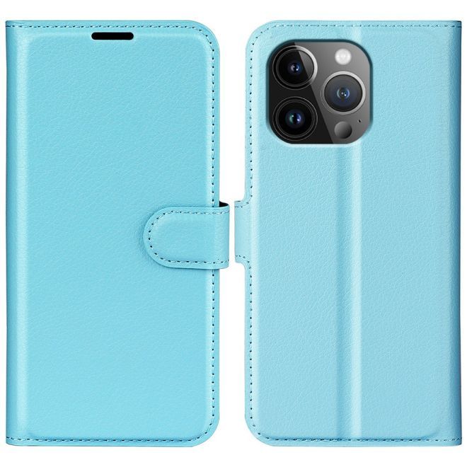 iPhone 15 Pro Max Phone Case - Litchi Leather Bookcover Series - Blue