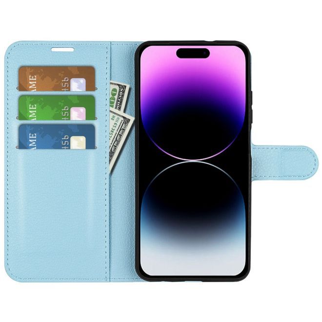 iPhone 15 Pro Max Phone Case - Litchi Leather Bookcover Series - Blue