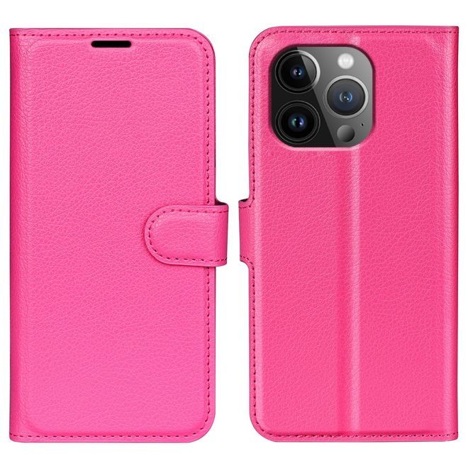 iPhone 15 Pro Max Phone Case - Litchi Leather Bookcover Series - Pink