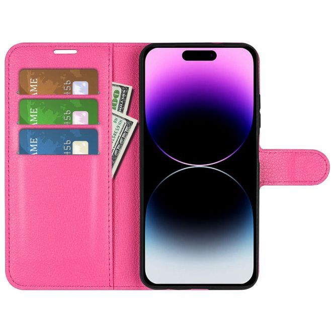 iPhone 15 Pro Max Phone Case - Litchi Leather Bookcover Series - Pink