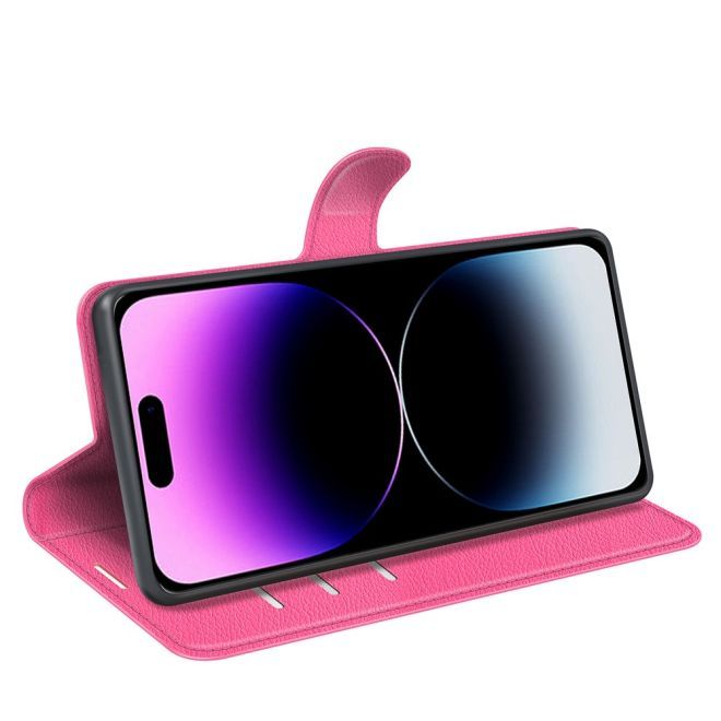 iPhone 15 Pro Max Phone Case - Litchi Leather Bookcover Series - Pink
