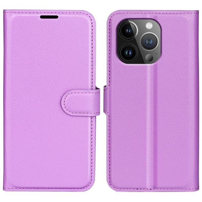 Étui pour iPhone 15 Pro Max - Collection Litchi Leather Bookcover - Violet