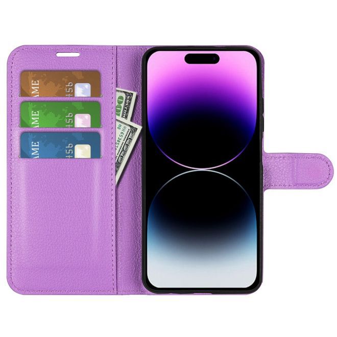 Étui pour iPhone 15 Pro Max - Collection Litchi Leather Bookcover - Violet