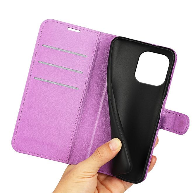 Étui pour iPhone 15 Pro Max - Collection Litchi Leather Bookcover - Violet