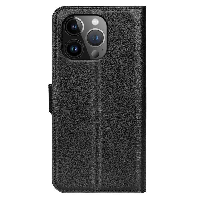 iPhone 15 Pro Handy Hülle - Litchi Leder Bookcover Series - schwarz