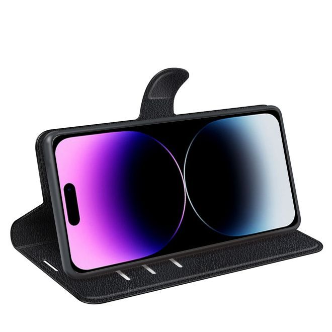 iPhone 15 Pro Handy Hülle - Litchi Leder Bookcover Series - schwarz