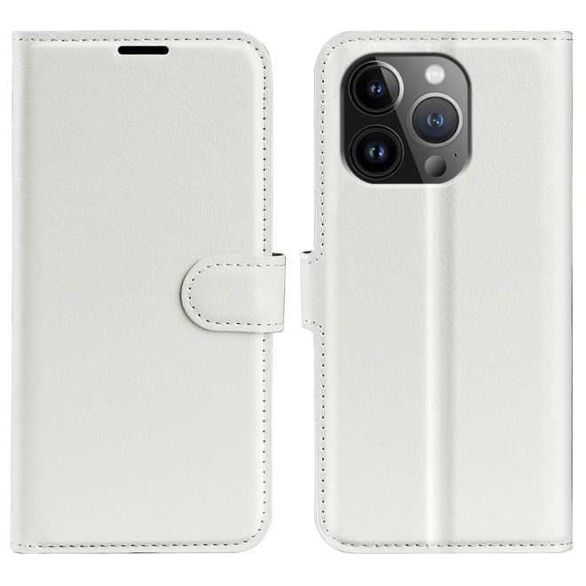 iPhone 15 Pro Phone Case - Litchi Leather Bookcover Series - White