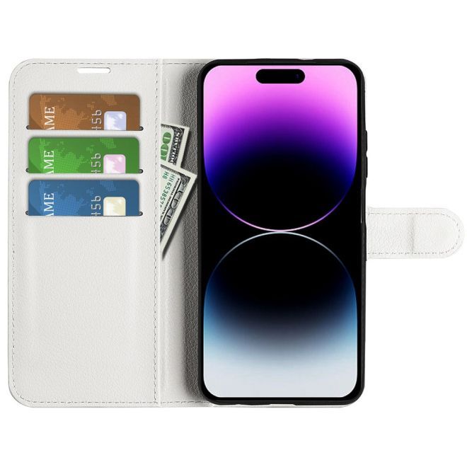 iPhone 15 Pro Phone Case - Litchi Leather Bookcover Series - White