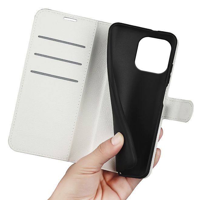 iPhone 15 Pro Phone Case - Litchi Leather Bookcover Series - White