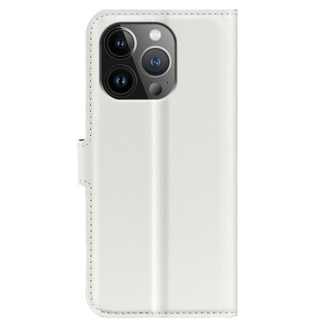 iPhone 15 Pro Phone Case - Litchi Leather Bookcover Series - White