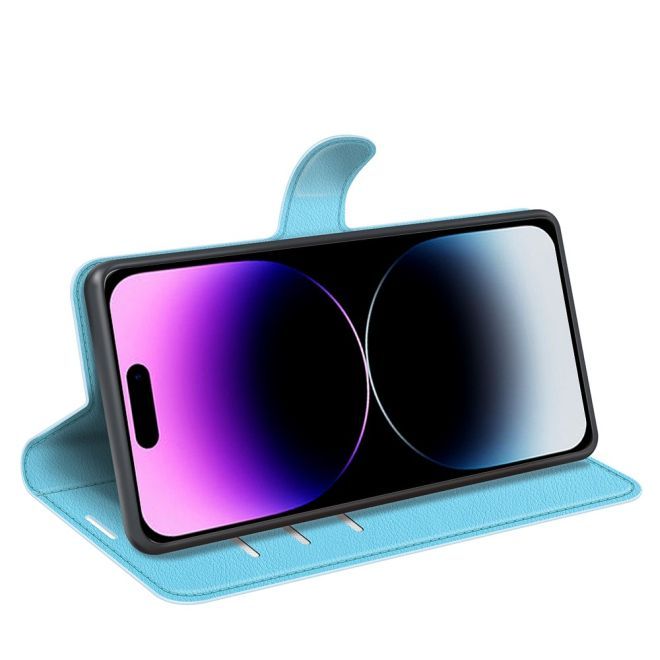 iPhone 15 Pro Phone Case - Litchi Leather Bookcover Series - Blue