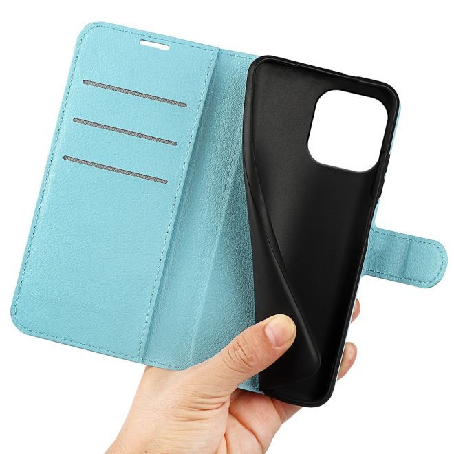 iPhone 15 Pro Phone Case - Litchi Leather Bookcover Series - Blue