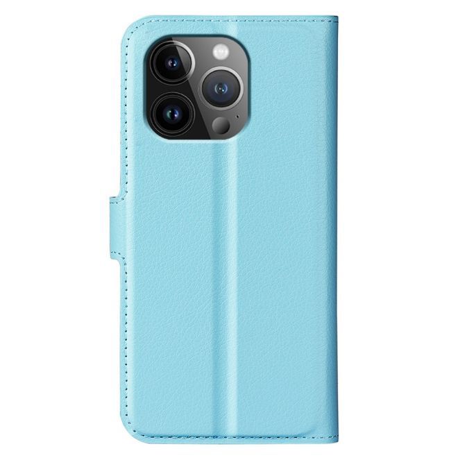 iPhone 15 Pro Phone Case - Litchi Leather Bookcover Series - Blue