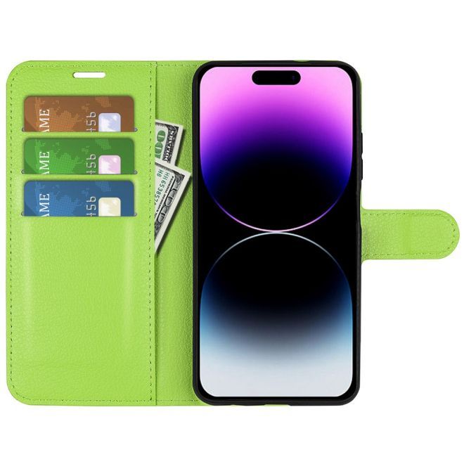 Étui pour iPhone 15 Pro - Collection Litchi Leather Bookcover - Vert