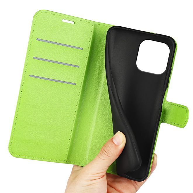 Étui pour iPhone 15 Pro - Collection Litchi Leather Bookcover - Vert