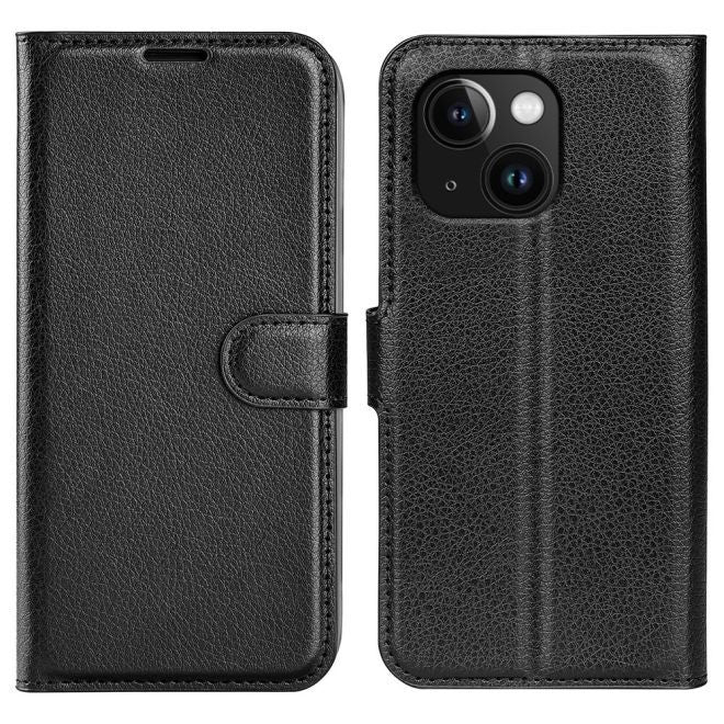 Étui pour iPhone 15 Plus - Collection Litchi Leather Bookcover - Noir
