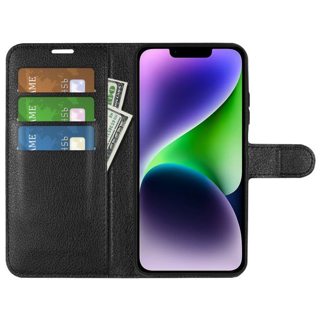 Étui pour iPhone 15 Plus - Collection Litchi Leather Bookcover - Noir