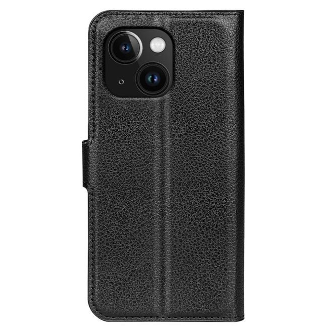 Étui pour iPhone 15 Plus - Collection Litchi Leather Bookcover - Noir