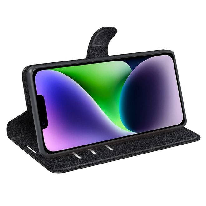Étui pour iPhone 15 Plus - Collection Litchi Leather Bookcover - Noir