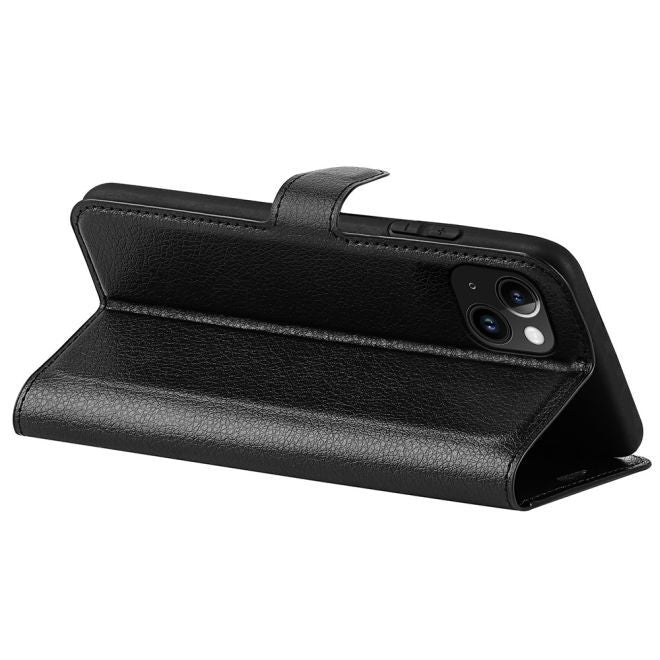 Étui pour iPhone 15 Plus - Collection Litchi Leather Bookcover - Noir
