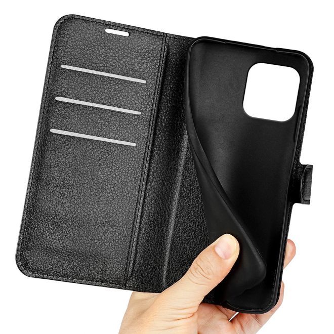 Étui pour iPhone 15 Plus - Collection Litchi Leather Bookcover - Noir