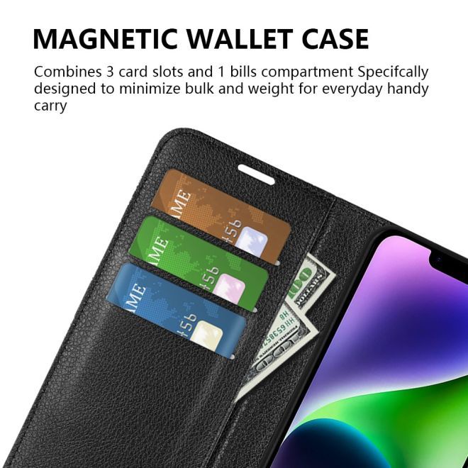 Étui pour iPhone 15 Plus - Collection Litchi Leather Bookcover - Noir