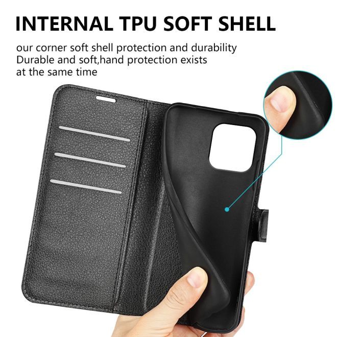 Étui pour iPhone 15 Plus - Collection Litchi Leather Bookcover - Noir