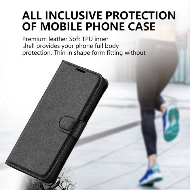Étui pour iPhone 15 Plus - Collection Litchi Leather Bookcover - Noir