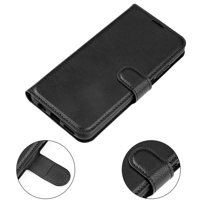 Étui pour iPhone 15 Plus - Collection Litchi Leather Bookcover - Noir