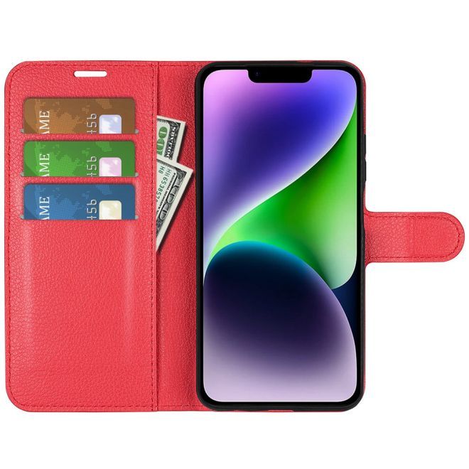 Étui pour iPhone 15 Plus - Collection Litchi Leather Bookcover - Rouge