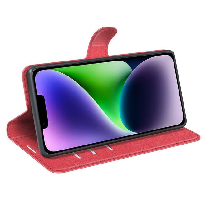 Étui pour iPhone 15 Plus - Collection Litchi Leather Bookcover - Rouge
