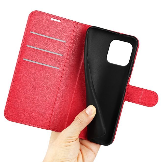 Étui pour iPhone 15 Plus - Collection Litchi Leather Bookcover - Rouge