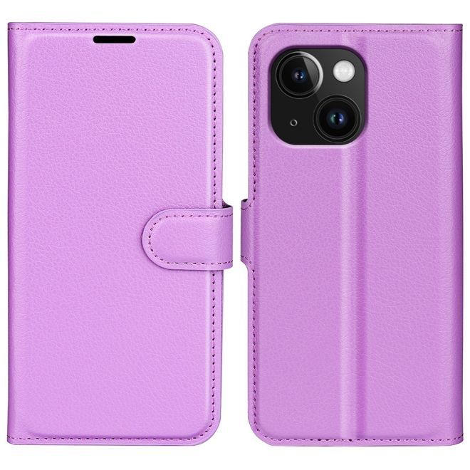 iPhone 15 Plus Phone Case - Litchi Leather Bookcover Series - Purple