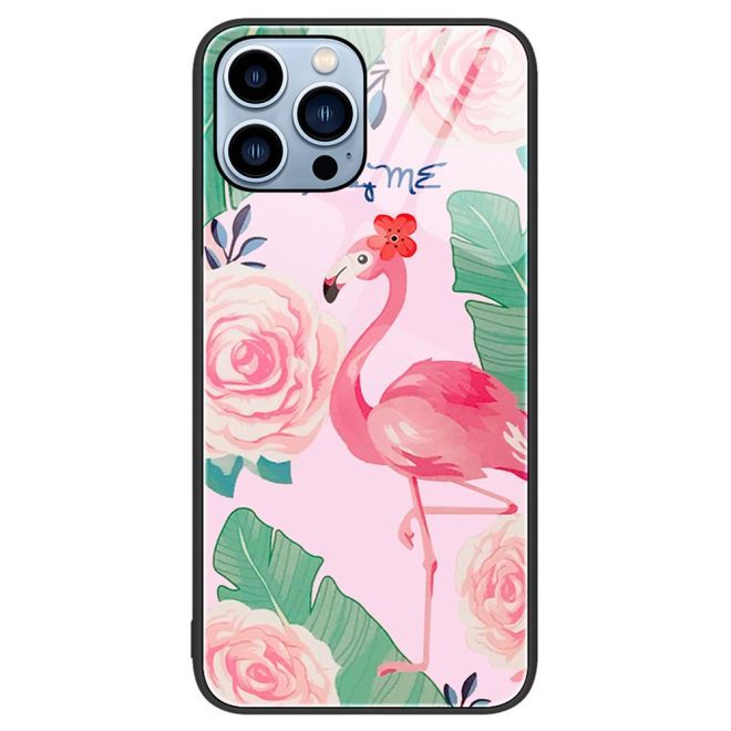Coque pour iPhone 15 Pro - Coque rigide en verre trempé avec bords souples en TPU - Flamant rose