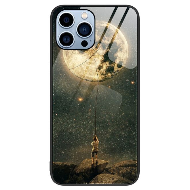 iPhone 15 Pro Case - Tempered Glass Hardcase with Soft TPU Edges - Moon