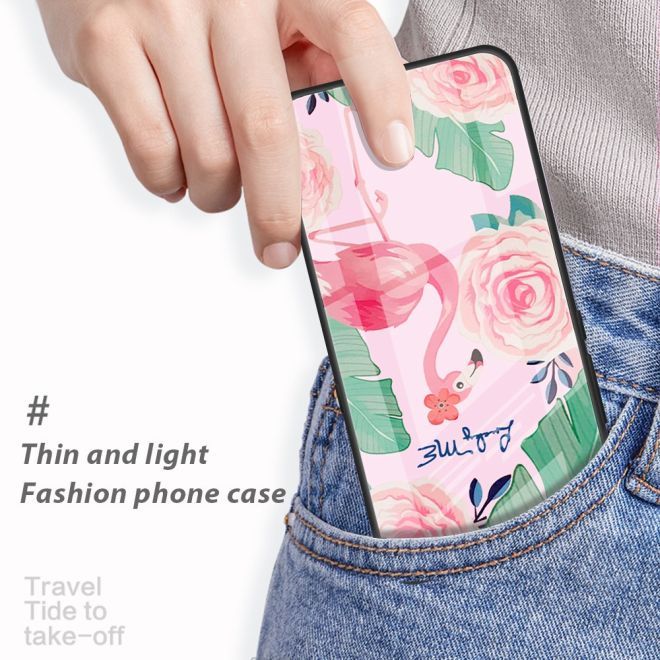 Coque pour iPhone 15 Plus - Coque rigide en verre trempé avec bords souples en TPU - Flamant rose