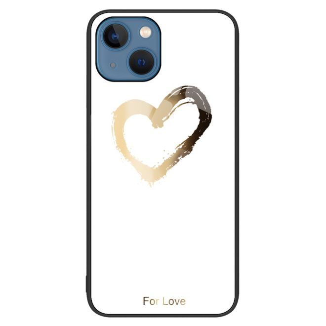 iPhone 15 Plus Case - Tempered Glass Hardcase with Soft TPU Edges - Golden Heart
