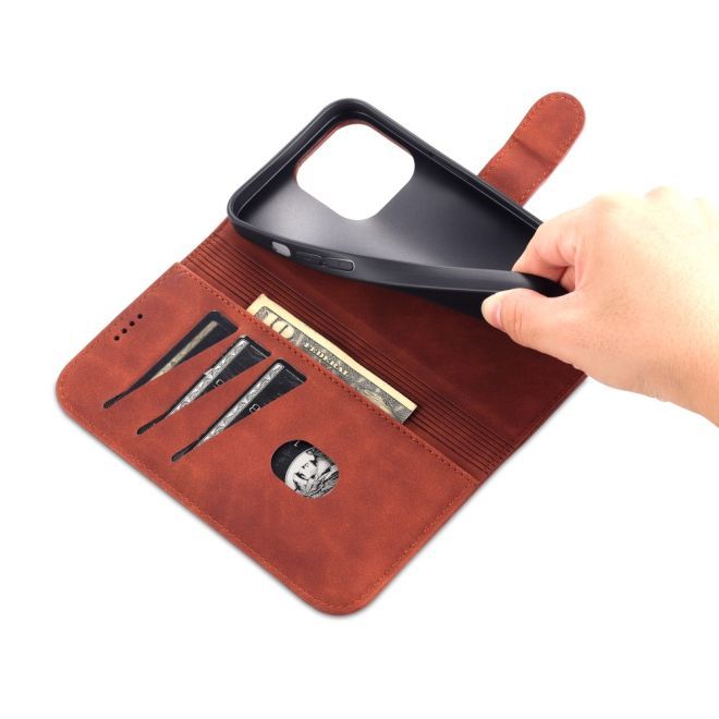 AZNS - iPhone 15 Pro Hülle - Leder Bookcover - mit Kartenfach und Standfunktion - Wallet Stand Series - braun