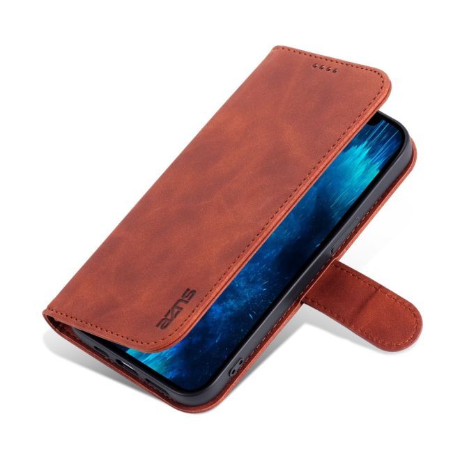 AZNS - iPhone 15 Pro Hülle - Leder Bookcover - mit Kartenfach und Standfunktion - Wallet Stand Series - braun
